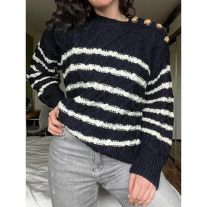 Autres Filles Womens S Boxy Striped Chunky Knit Sweater Navy Blue White Nautical